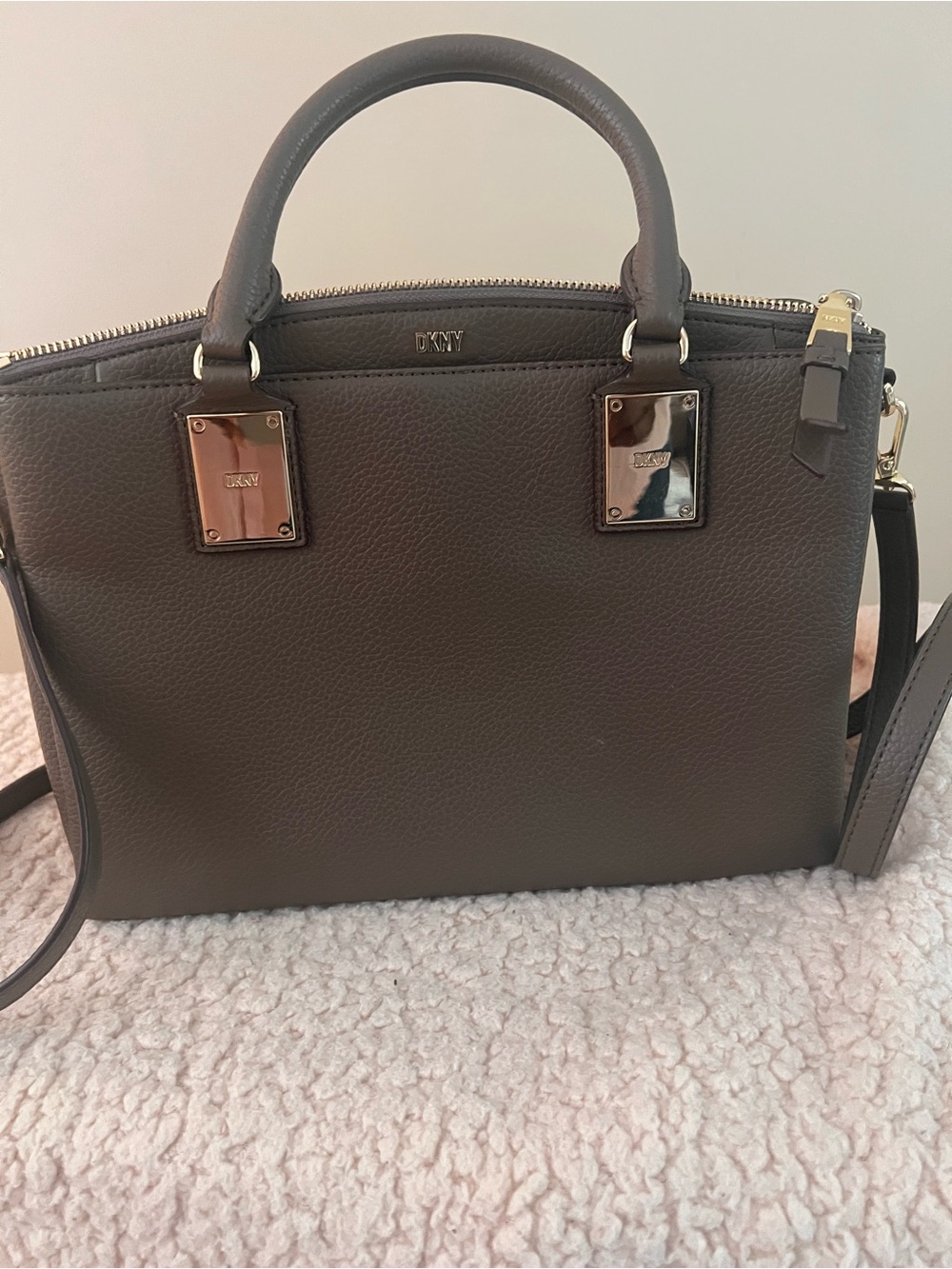 DKNY Gray Pebbled Leather Satchel with Gold Hardware